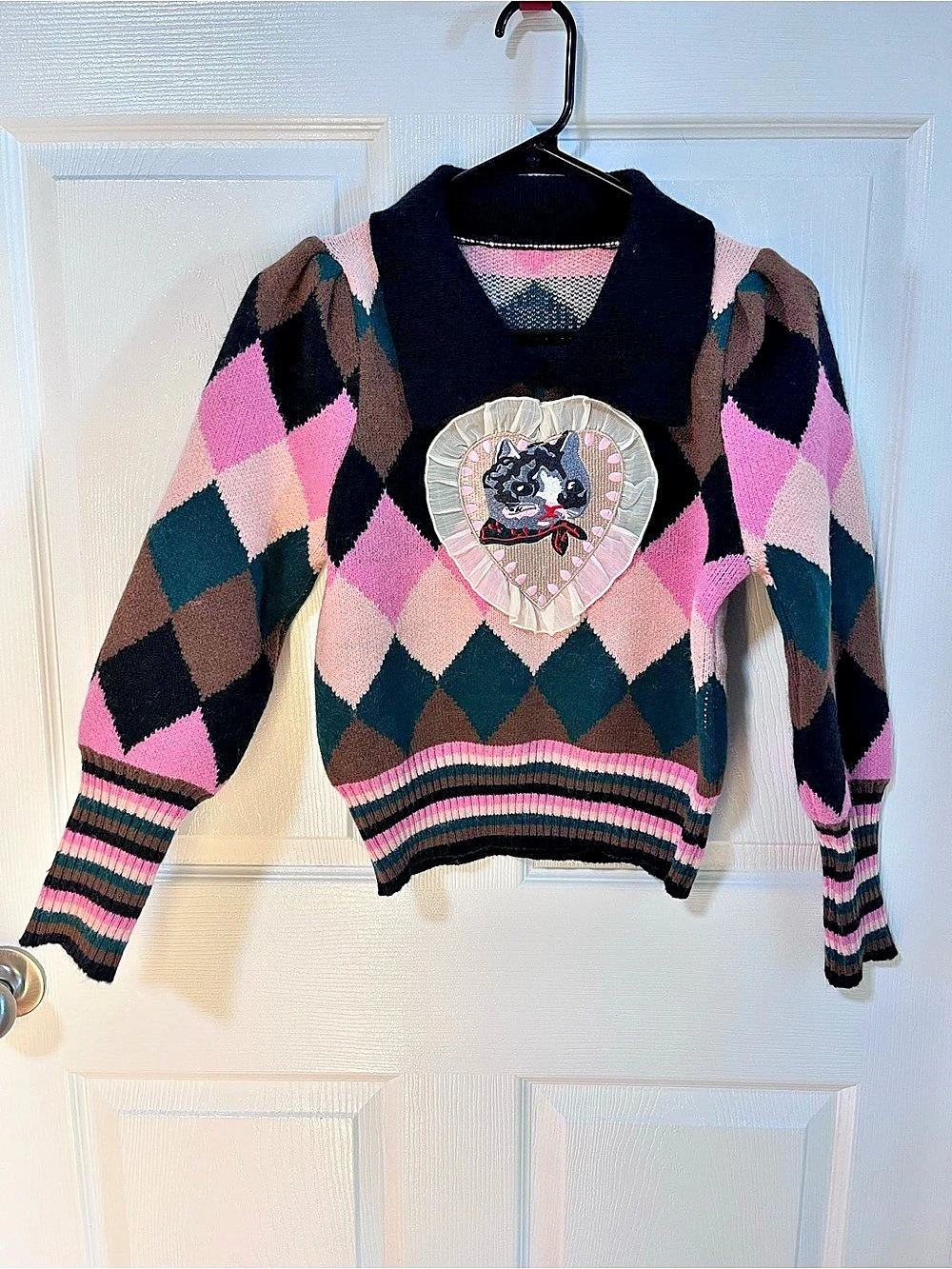 Cat Argyle Sweater Pink, Black Holiday